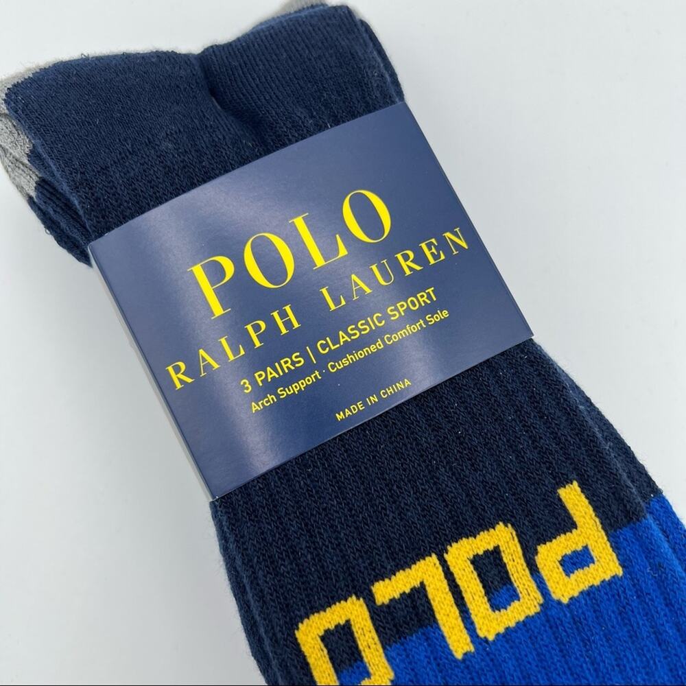 Polo Ralph Lauren Classic Sport Blue Yellow Grey 3 Pairs Crew Socks Size 10-13 - Picture 2 of 5
